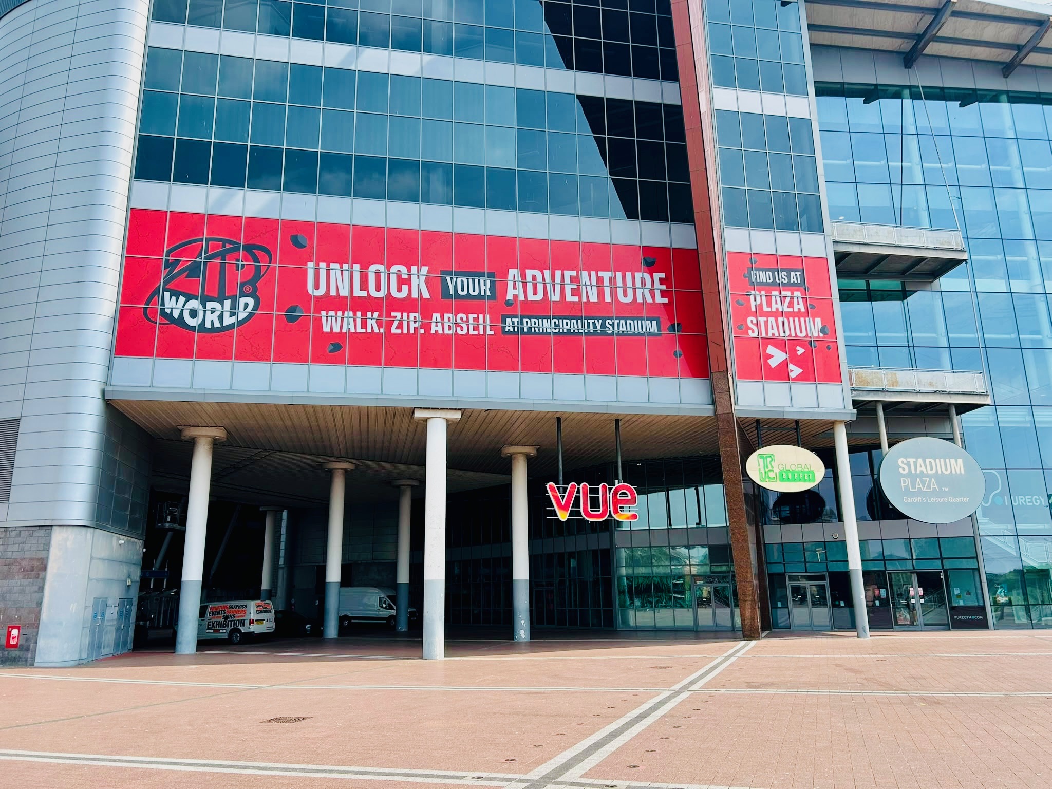 Zip World Unlock Your Adventure window graphics on a shopping centre frontage