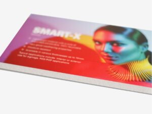 Smart-X board sample printed with a colourful portrait and product details