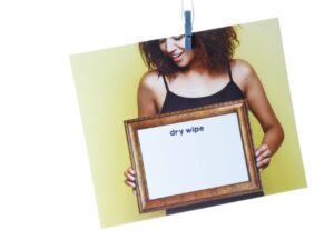 Drywipe print showing a woman holding a framed dry wipe board